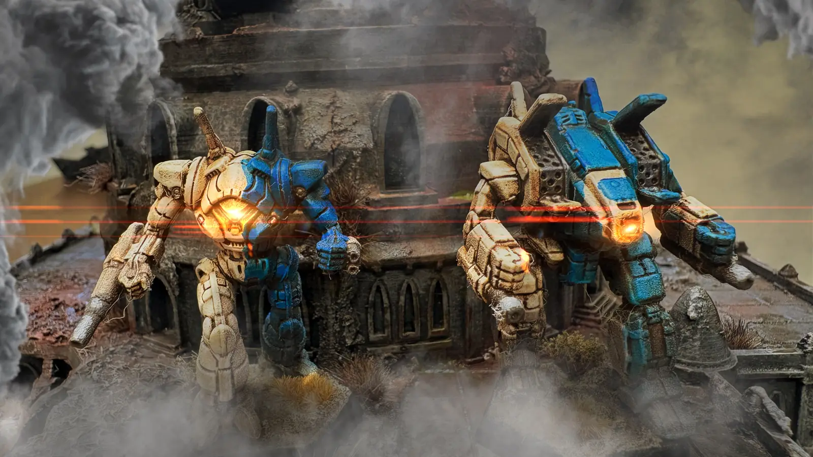Zwei BattleMechs im Gefecht vor einer Ruine